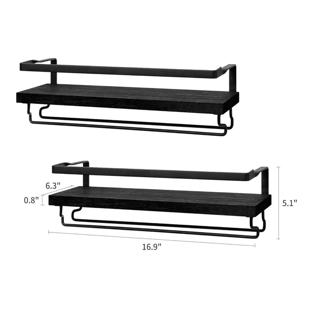 Black Wall-Mounted Shelves with Towel Bar